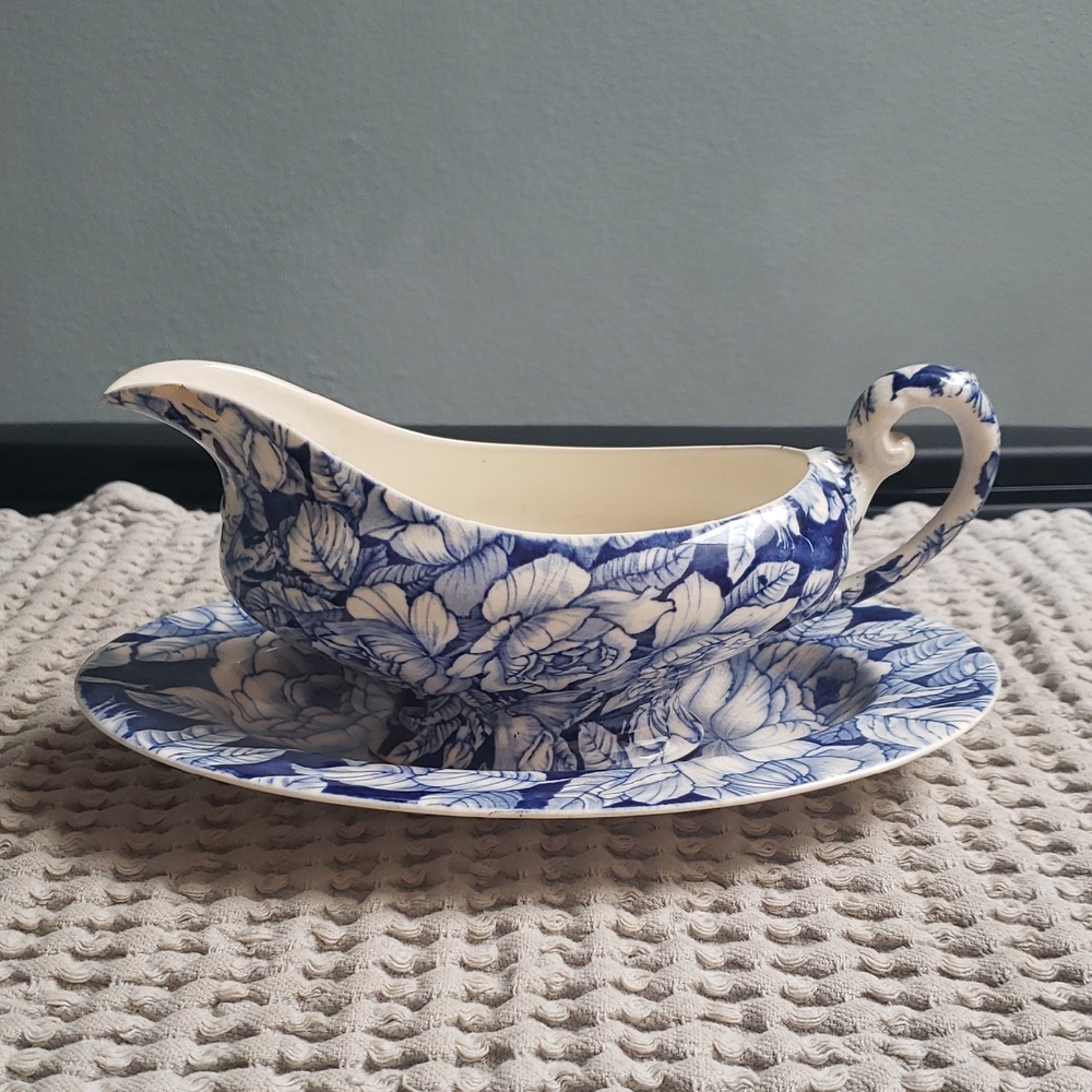 Myott, Son & Co Bermuda Blue and White Floral Gravy Boat with Saucer